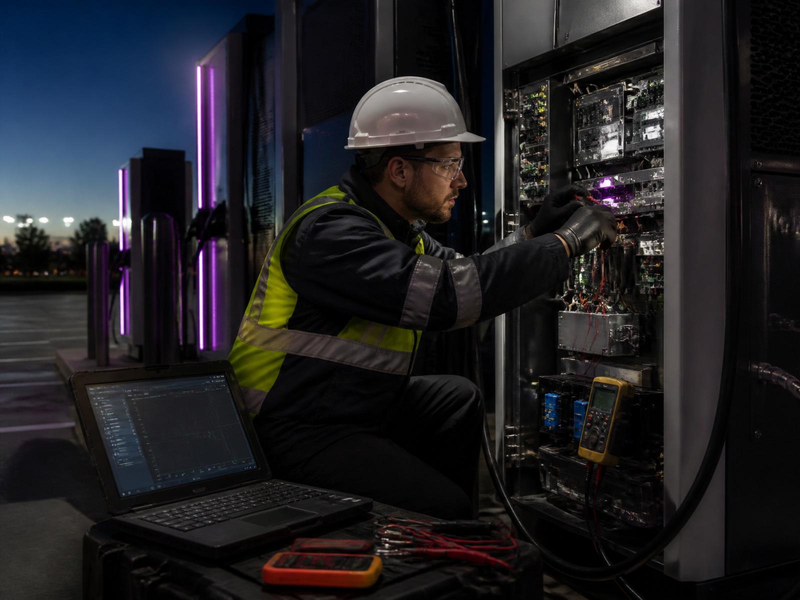 EVGrid Group technician diagnosing a DC Fast Charger at a commercial site in Massachusetts